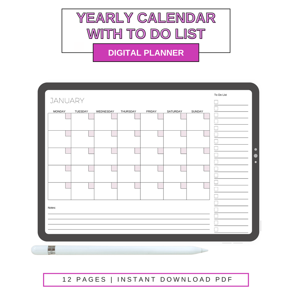 Digital Blank Yearly With To Do List Calendar