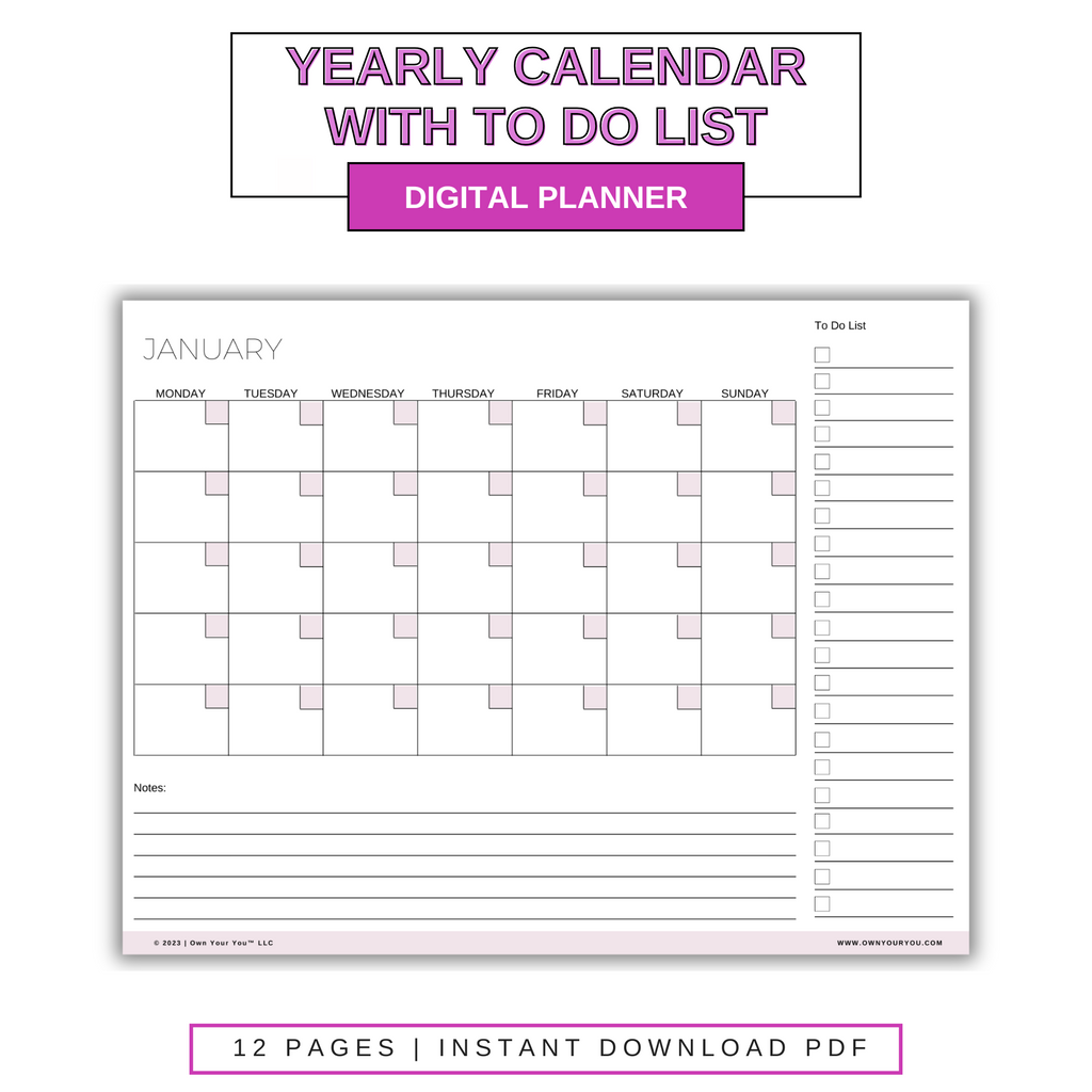 Digital Blank Yearly With To Do List Calendar