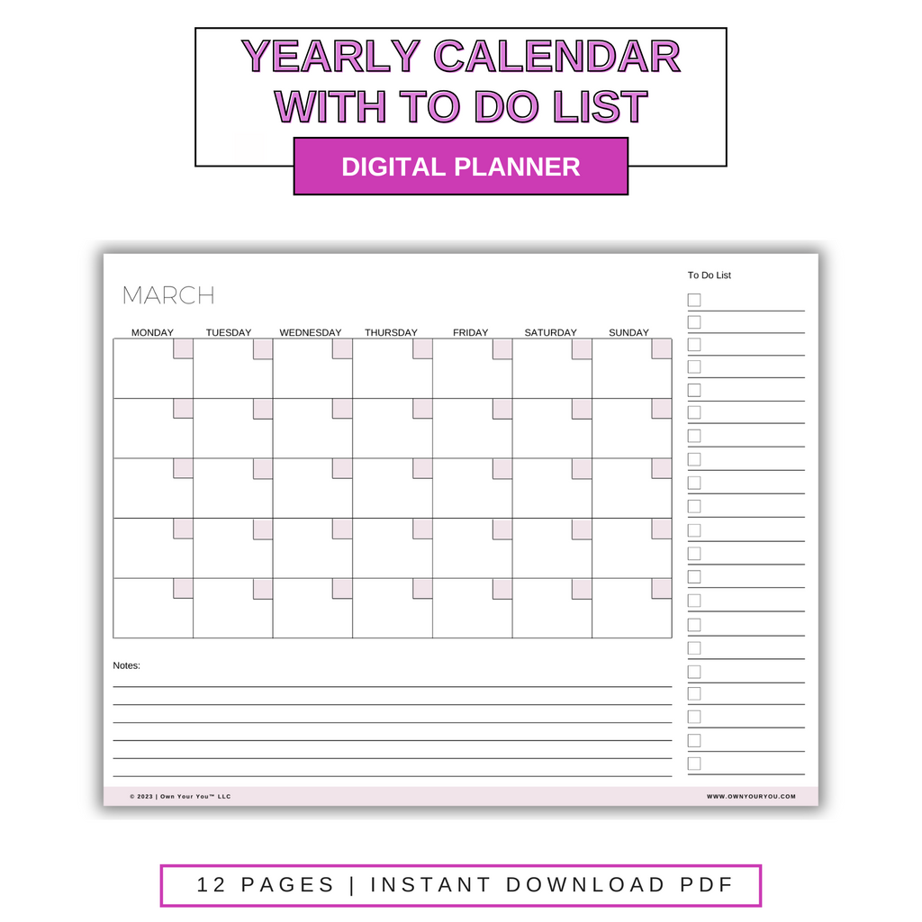 Digital Blank Yearly With To Do List Calendar