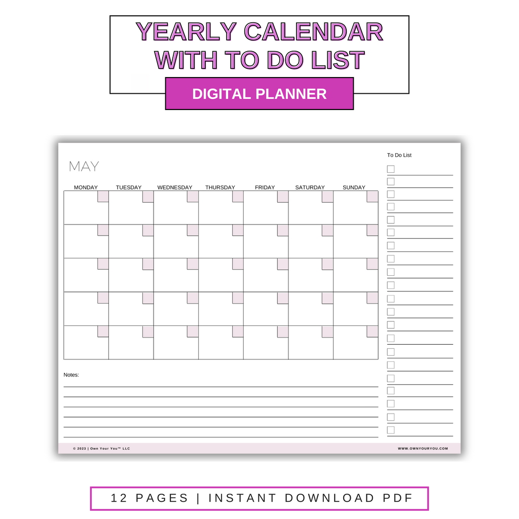 Digital Blank Yearly With To Do List Calendar