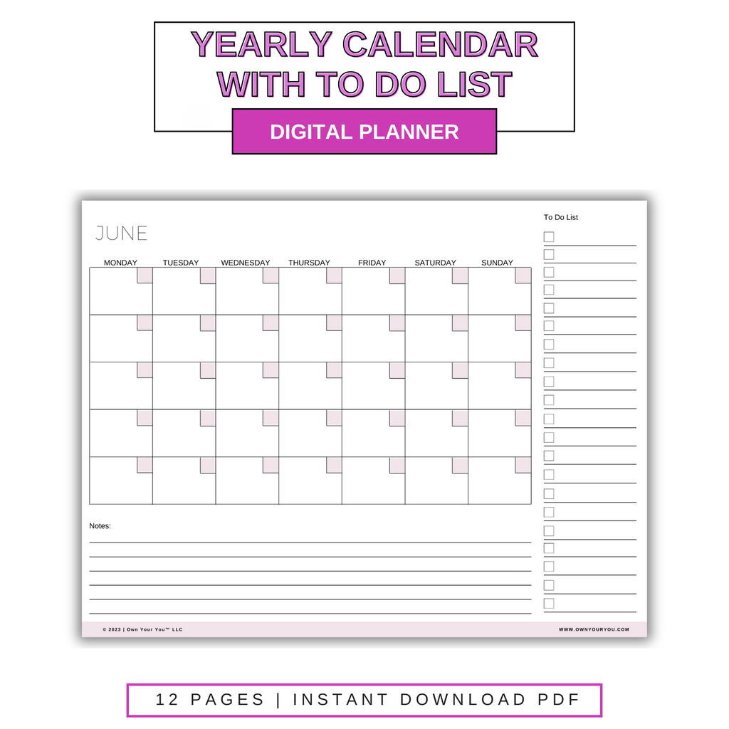 Digital Blank Yearly With To Do List Calendar