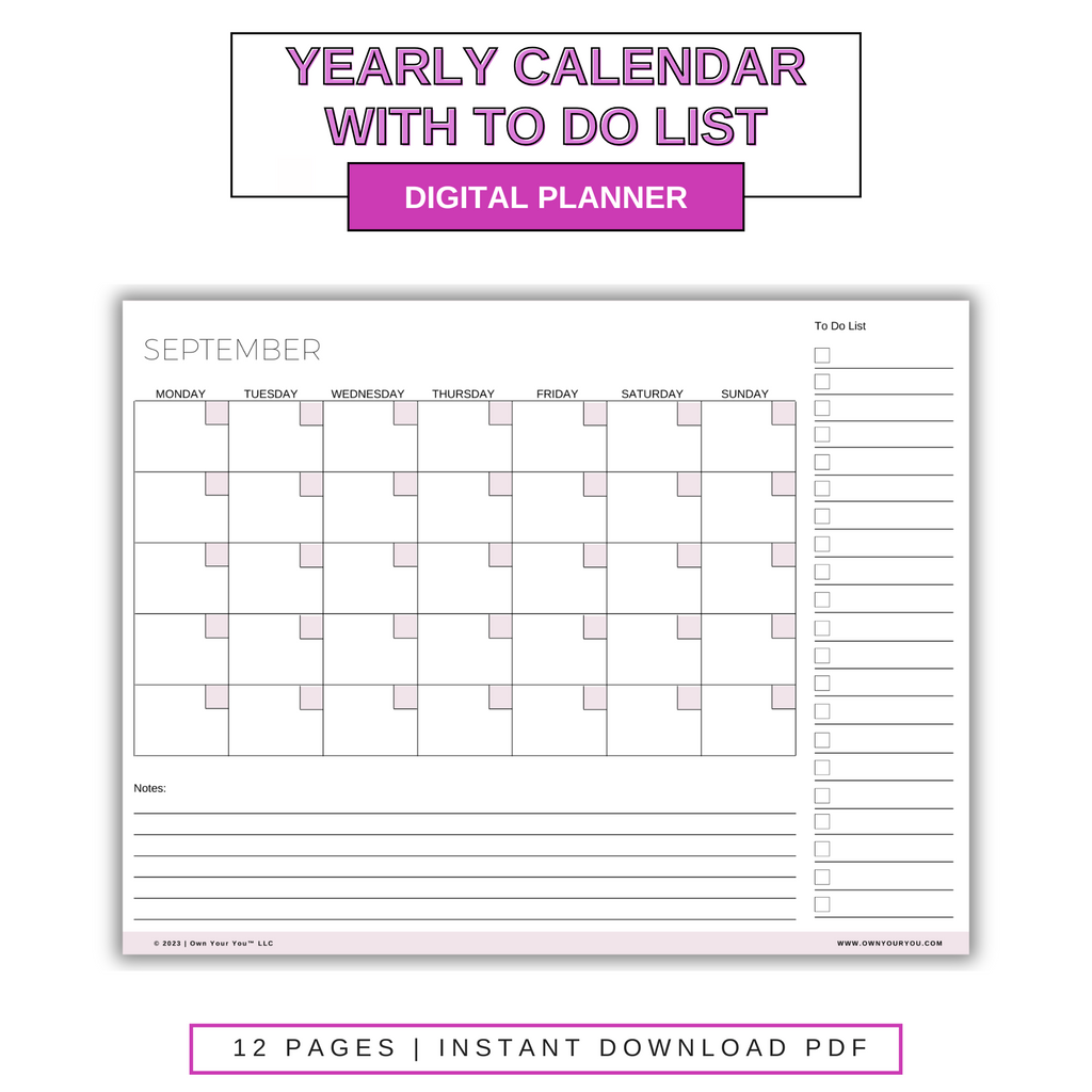 Digital Blank Yearly With To Do List Calendar