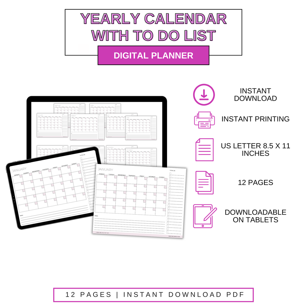 Digital Blank Yearly With To Do List Calendar